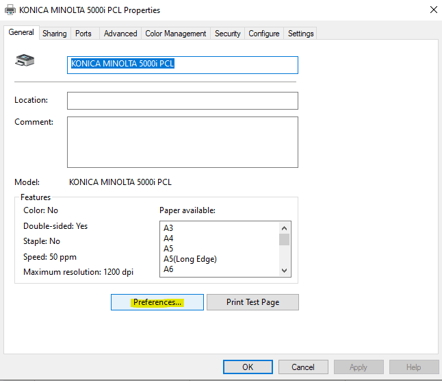 Printer Preferences - print default settings